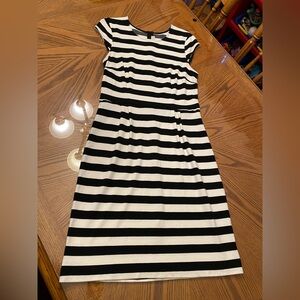 LOFT Black and Cream Striped Midi Dress